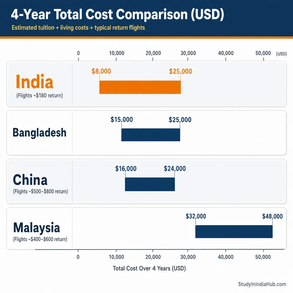 StudyInIndiaHub.com — 4-Year Total Cost Comparison (USD)