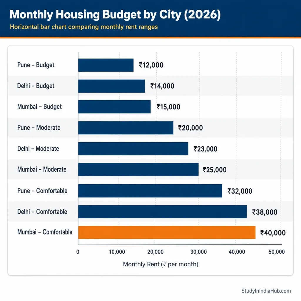 StudyInIndiaHub.com — Monthly Housing Budget by City (2026)