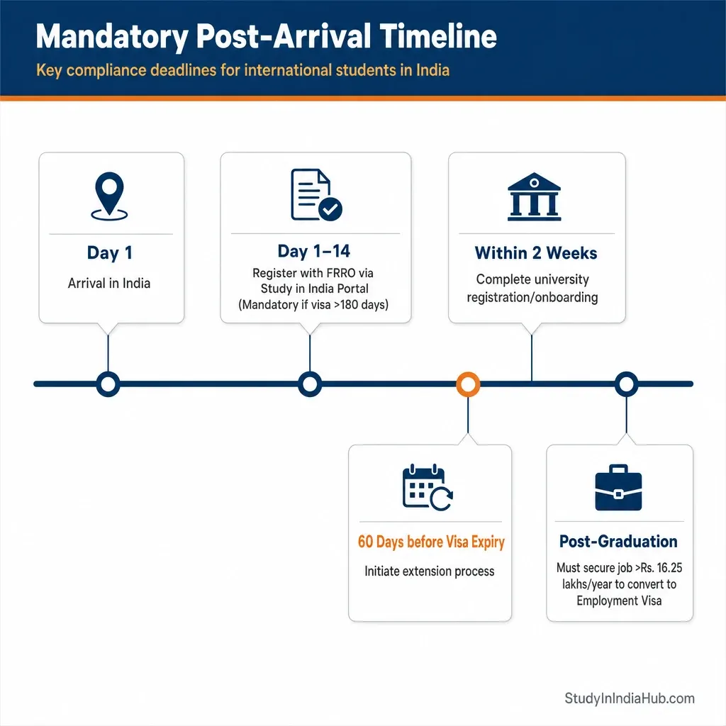 StudyInIndiaHub.com — Mandatory Post-Arrival Timeline